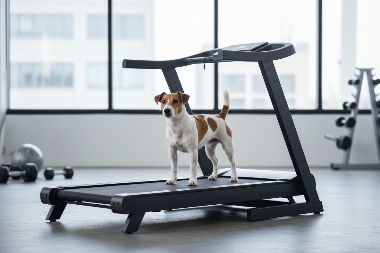 Sleek black metal slatmill dog treadmill with Jack Russell Terrier standing on it in bright indoor gym setting