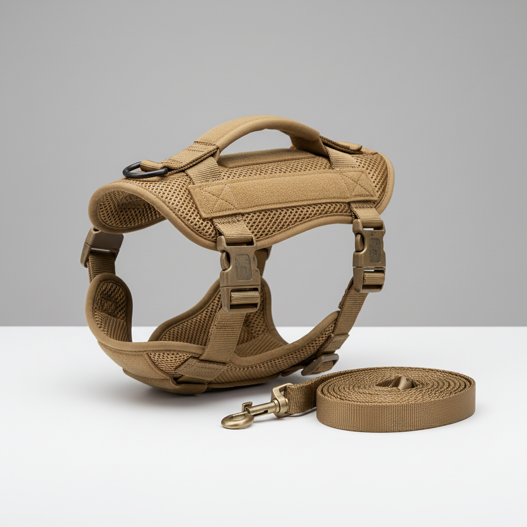 Desert tan tactical dog harness with metal buckles and coiled 5m nylon leash on minimalist background