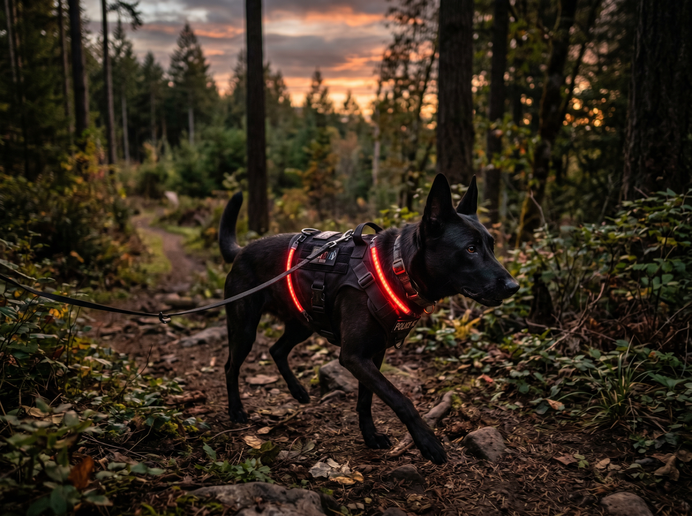 Night-Runner LED Tactical Harness Attachment Kit in use — working dog conditioning session