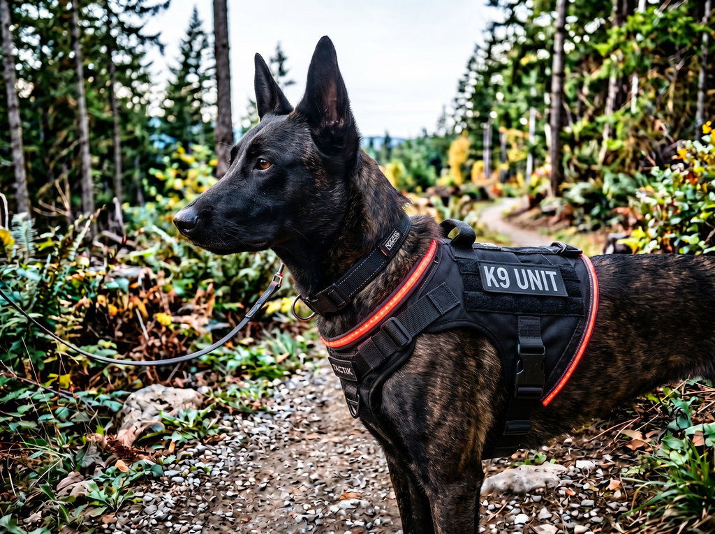 Night-Runner LED Tactical Harness Attachment Kit — lifestyle context shot, sport dog training environment