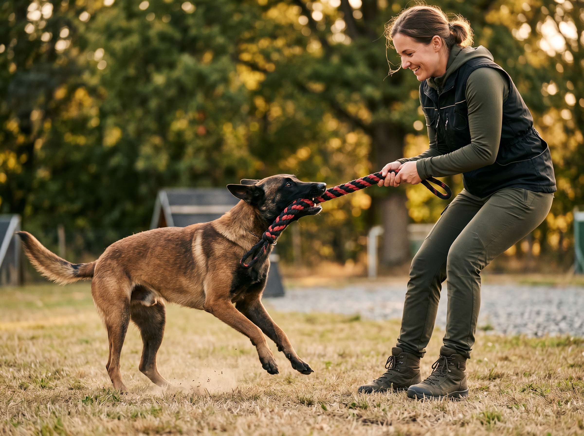 Pro Tug Toy — Braided Fire-Hose Training Reward in use — working dog conditioning session