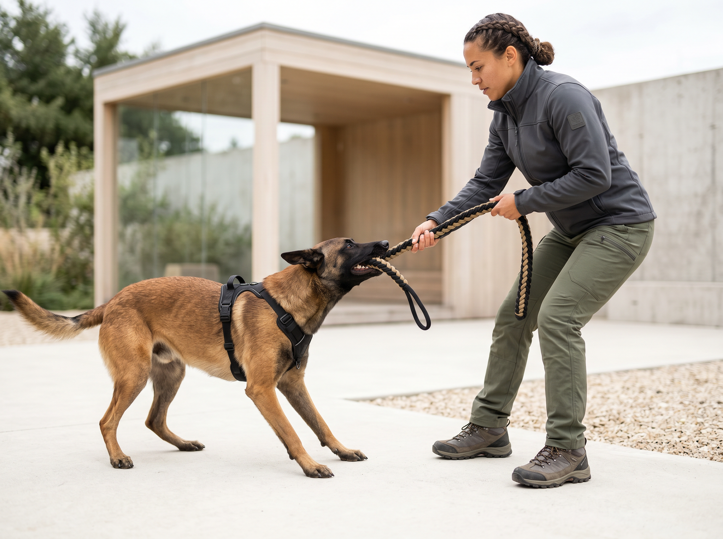 Pro Tug Toy — Braided Fire-Hose Training Reward — lifestyle context shot, sport dog training environment