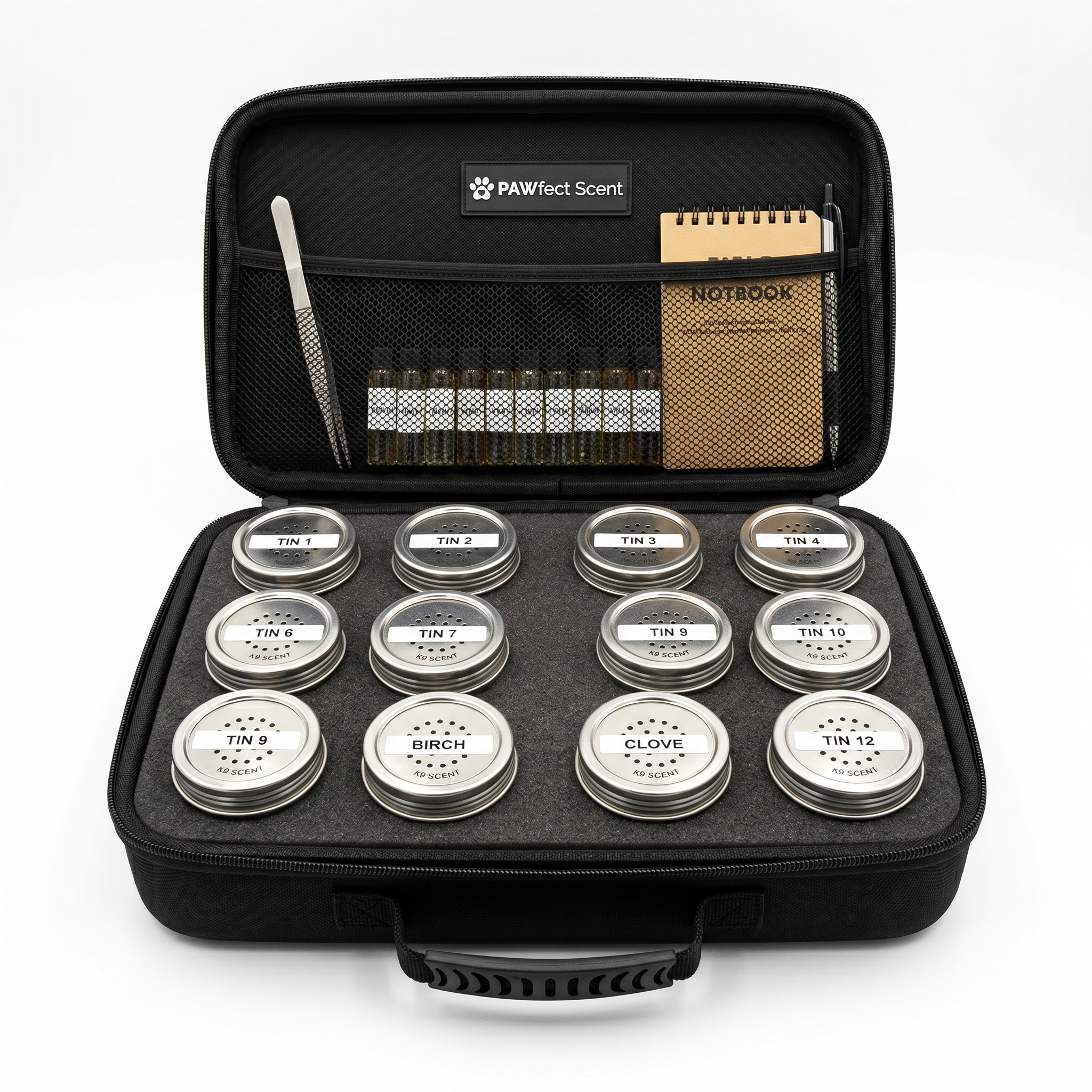 K9 Scent Work Pro Kit — 12 Target Tins + Training Guide — studio product shot on white background