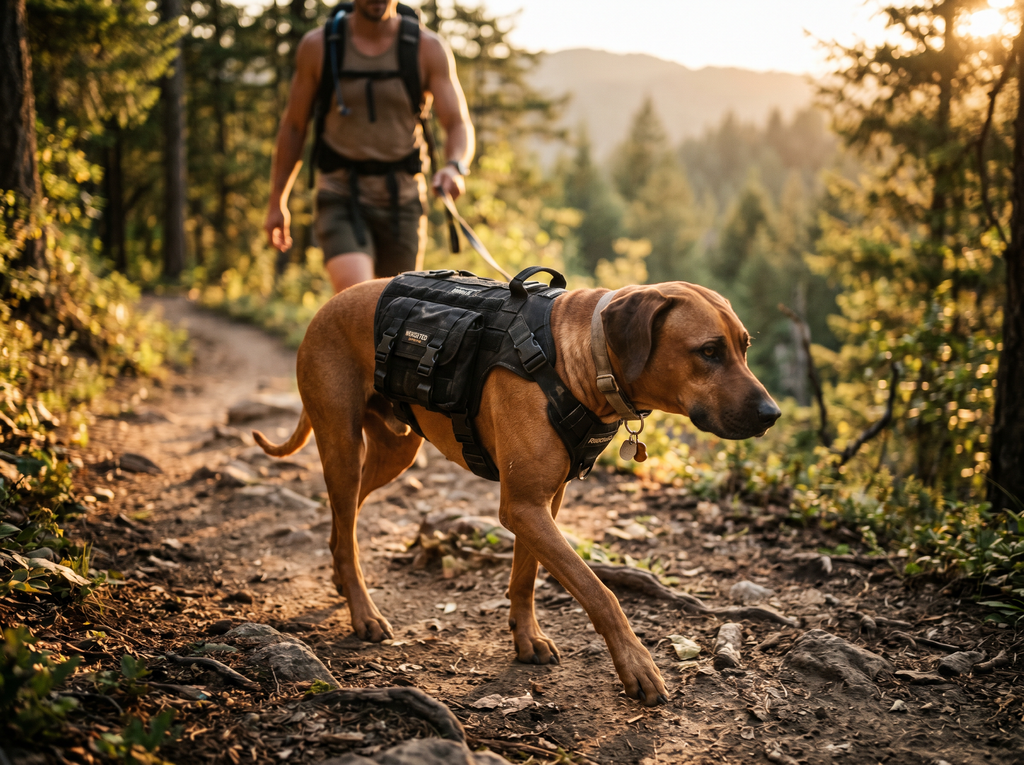 Iron Core Adjustable Weighted Training Vest in use — working dog conditioning session