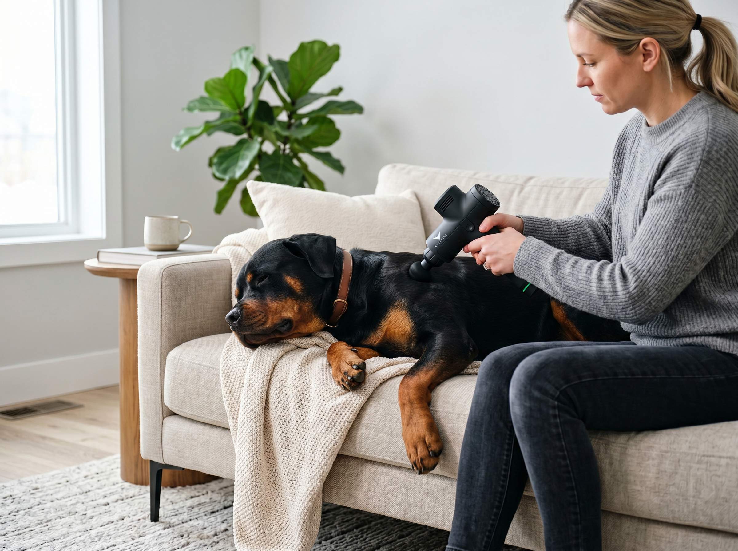 Recovery Pro Canine Massage Gun — lifestyle context shot, sport dog training environment