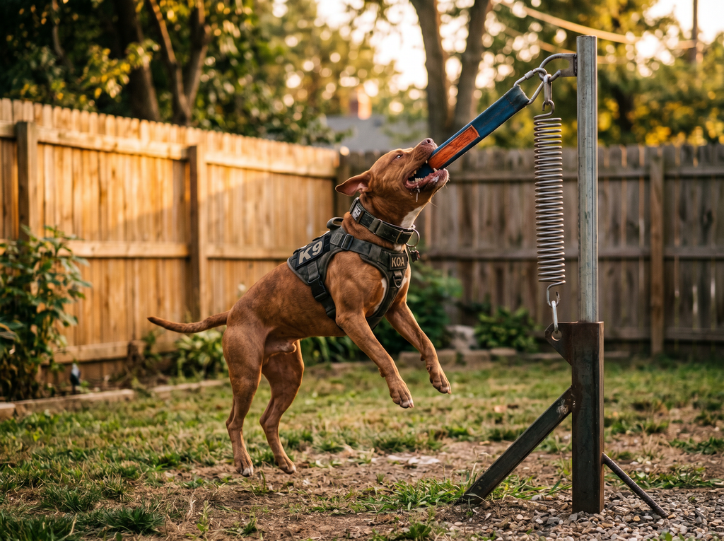 Drive-Builder Spring Pole System with Shock Cord in use — working dog conditioning session