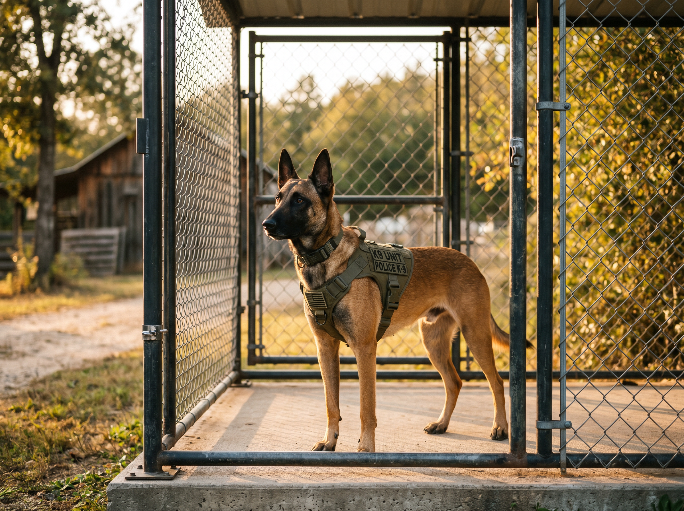 Summit Pro All-Weather Reinforced Outdoor Kennel Run (6x10ft) — lifestyle context shot, sport dog training environment