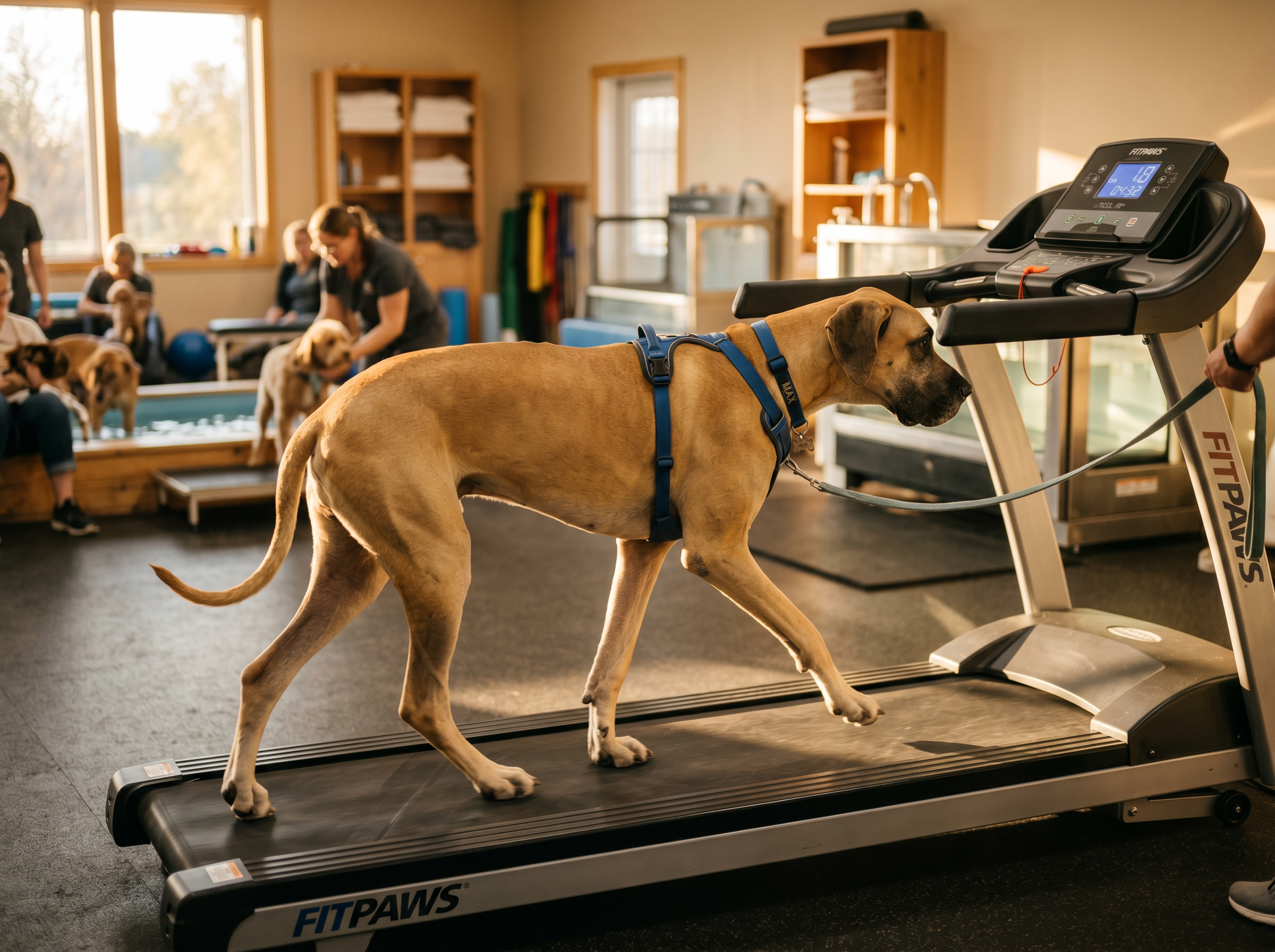 Arena Elite Commercial-Grade Motorized Treadmill (180kg capacity) in use — working dog conditioning session