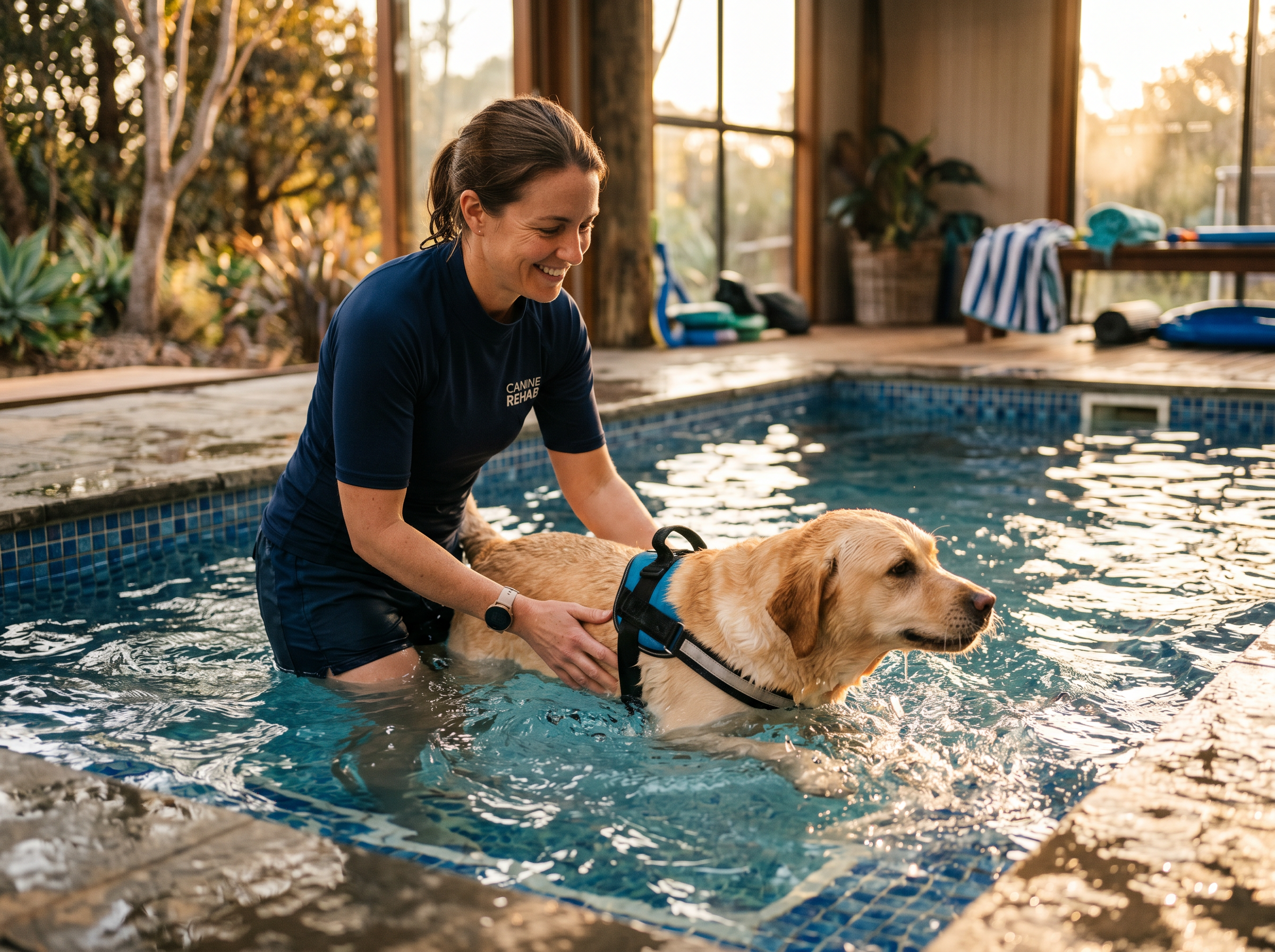 AquaCenter Pro In-Ground Canine Hydrotherapy Pool Kit in use — working dog conditioning session