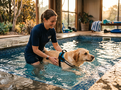 AquaCenter Pro In-Ground Canine Hydrotherapy Pool Kit in use — working dog conditioning session