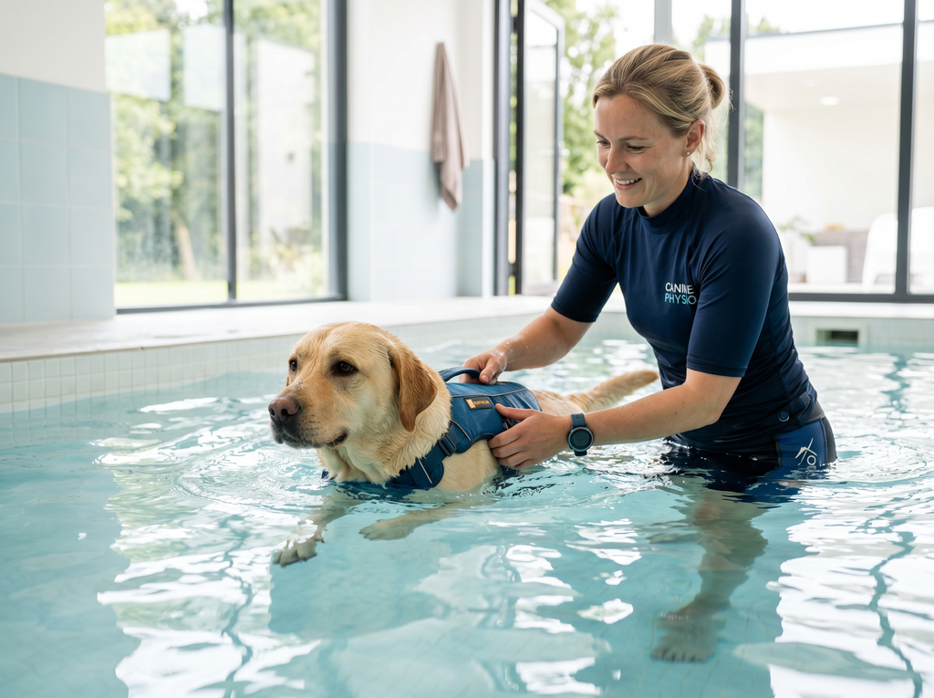 AquaCenter Pro In-Ground Canine Hydrotherapy Pool Kit — lifestyle context shot, sport dog training environment