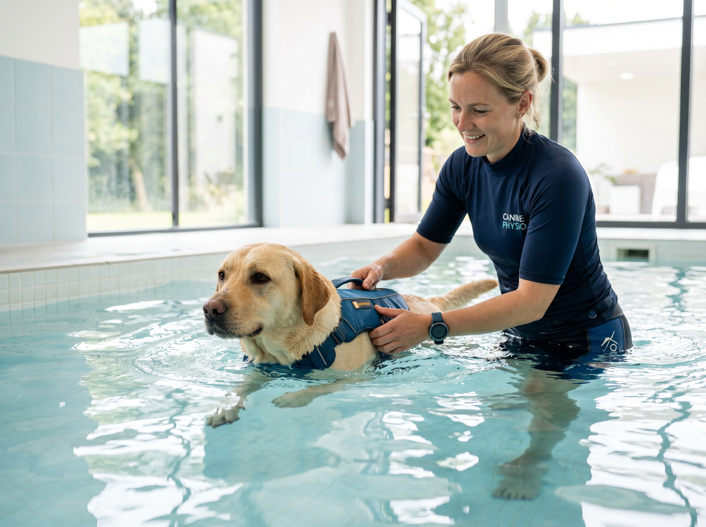 AquaCenter Pro In-Ground Canine Hydrotherapy Pool Kit — lifestyle context shot, sport dog training environment
