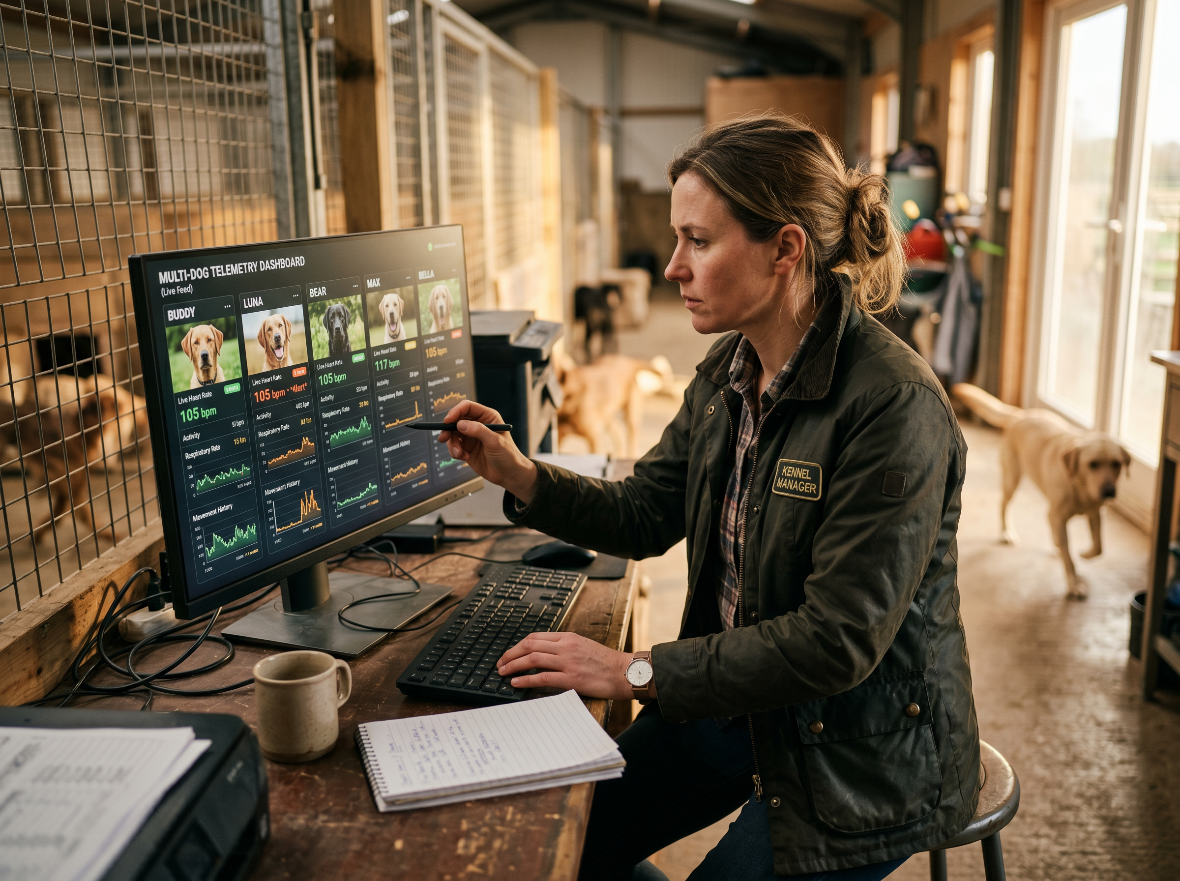 Biometric Lab Pro Multi-Dog Facility Telemetry System in use — working dog conditioning session