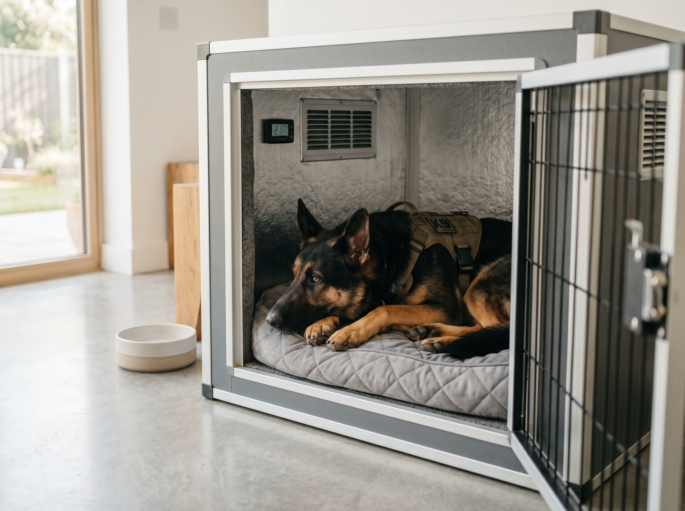 Summit Elite Climate-Controlled Performance Kennel (8x12ft) — lifestyle context shot, sport dog training environment