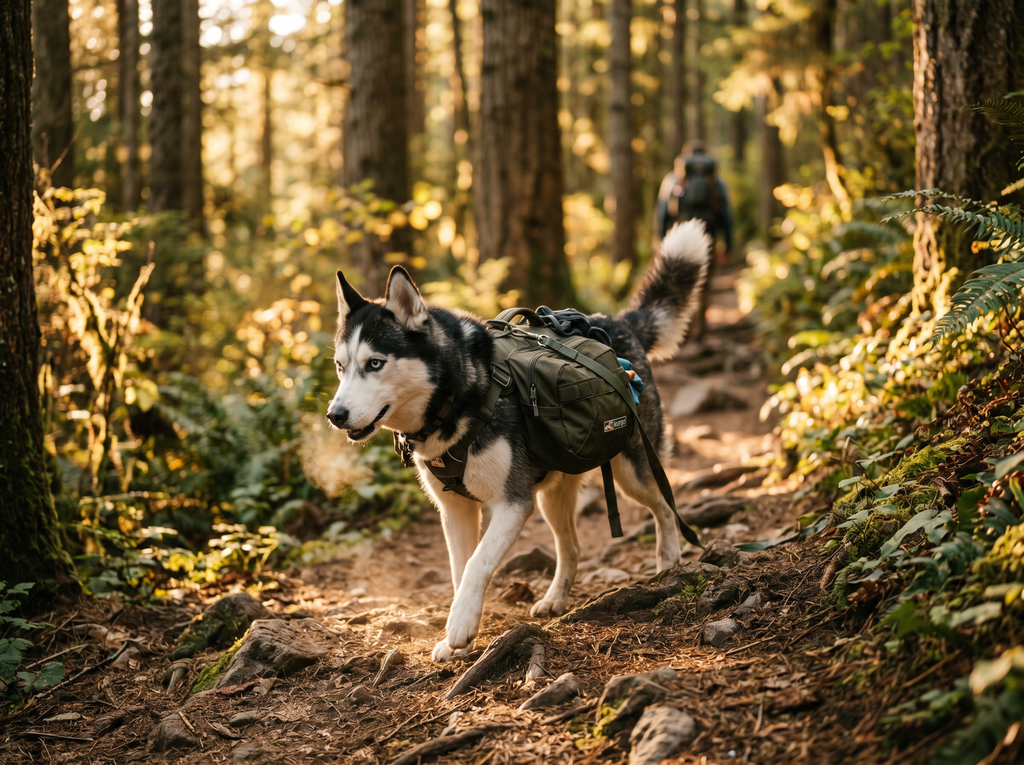 TrailPack Pro Adjustable Dog Backpack (Training Load) in use — working dog conditioning session