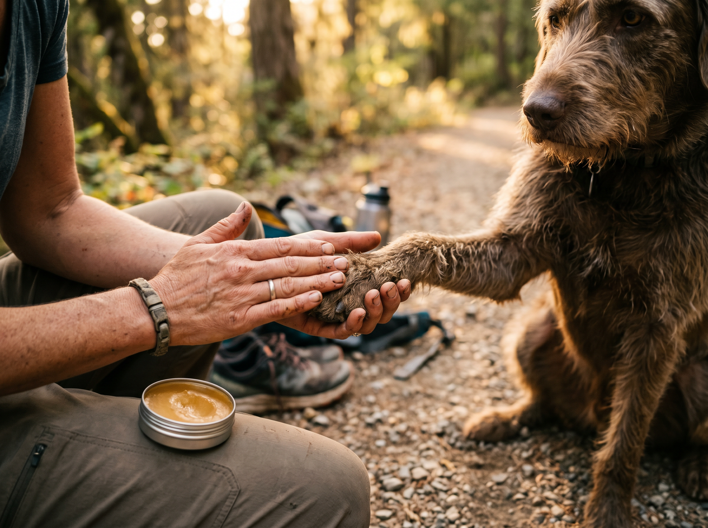 ProGrip Silicone Paw-Balm Applicator & Trail Balm Duo in use — working dog conditioning session