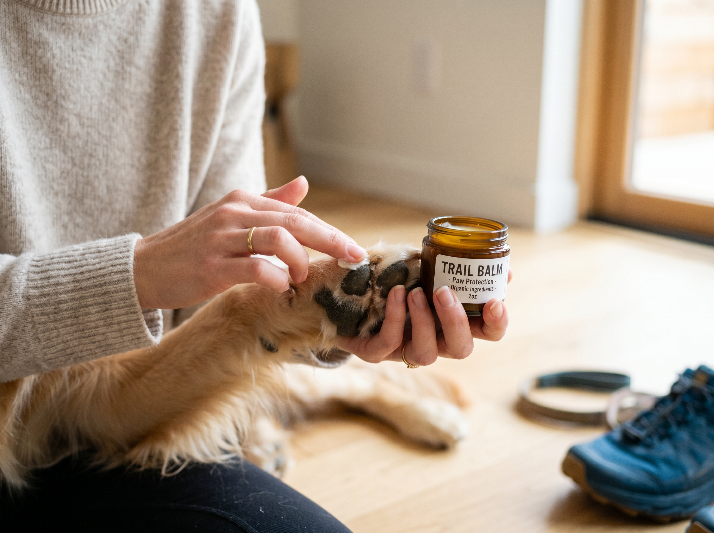 ProGrip Silicone Paw-Balm Applicator & Trail Balm Duo — lifestyle context shot, sport dog training environment