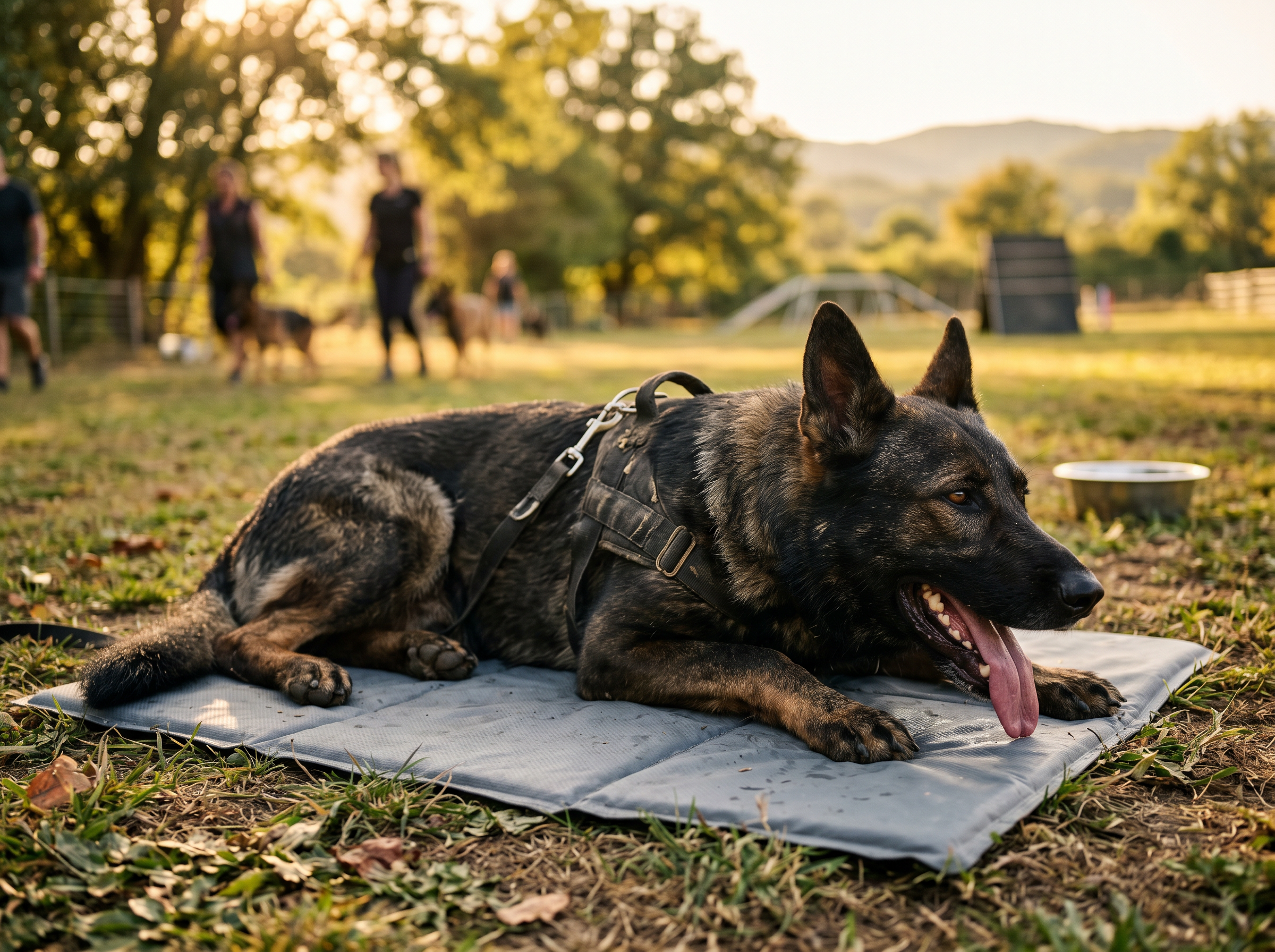 Cool-Core Instant-Chill Training Mat in use — working dog conditioning session