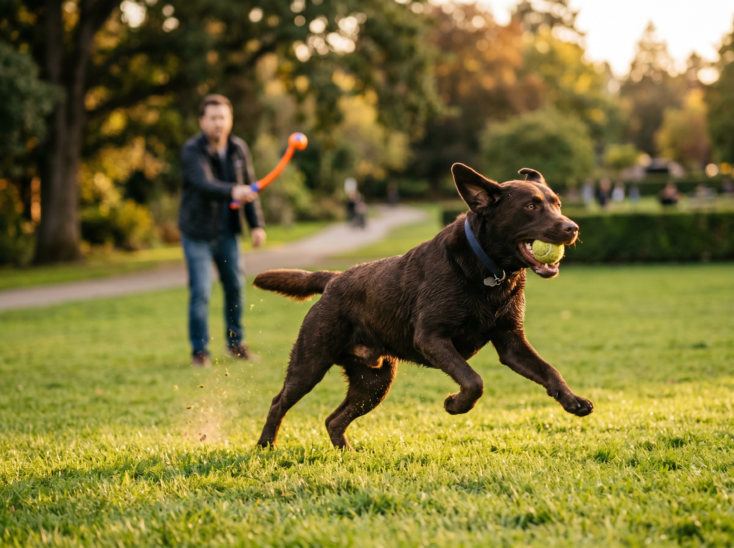 Pro-Launcher Precision Fetch & Recall Training Ball Launcher in use — working dog conditioning session