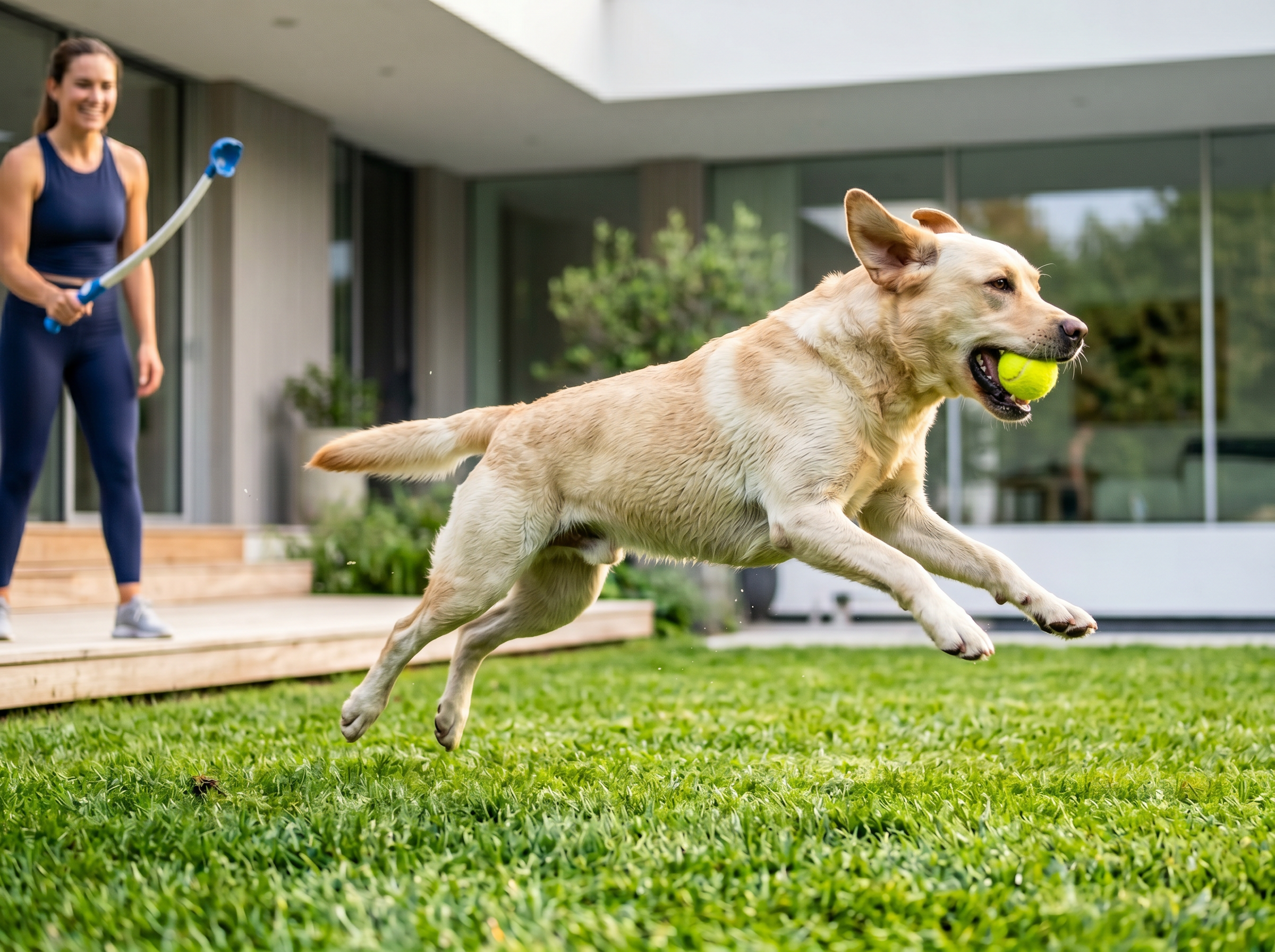 Pro-Launcher Precision Fetch & Recall Training Ball Launcher — lifestyle context shot, sport dog training environment
