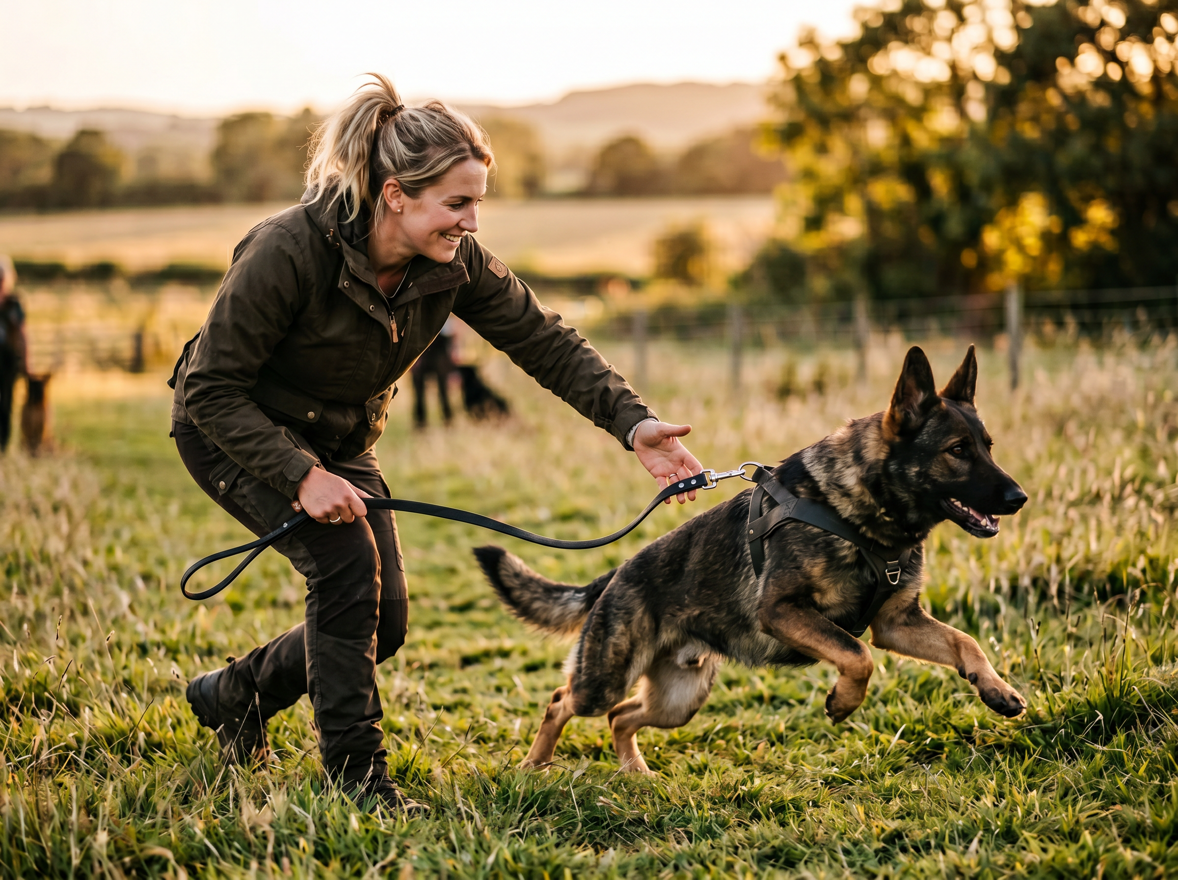Pro-Clip Magnetic Quick-Release Training Leash System in use — working dog conditioning session