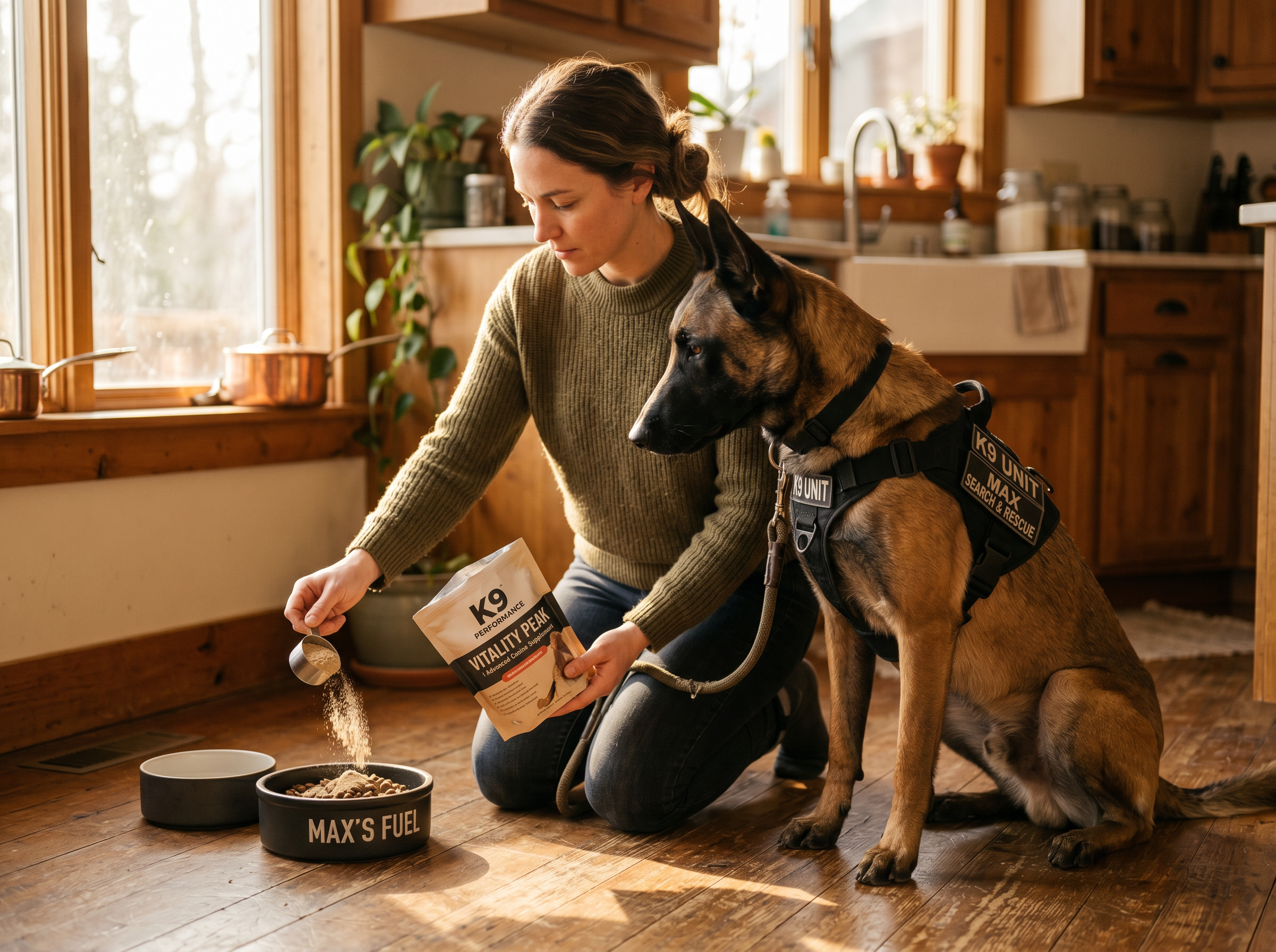 Vitality+ Joint, Recovery & Drive Supplement Bundle (90-Day Supply) in use — working dog conditioning session
